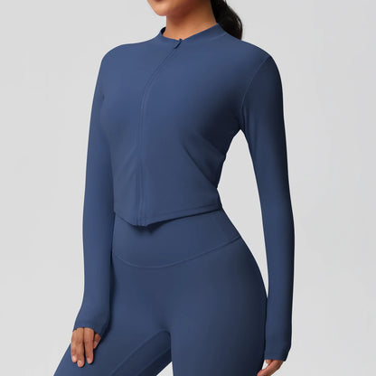 Langarm-Fitnessoberteil, Slim Fit, dunkelblau, Seitenansicht, durchgehender Reißverschluss