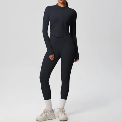 Zweiteiliger Damen-Yogaanzug, Slim Fit, langärmeliges Oberteil und Leggings in Schwarz