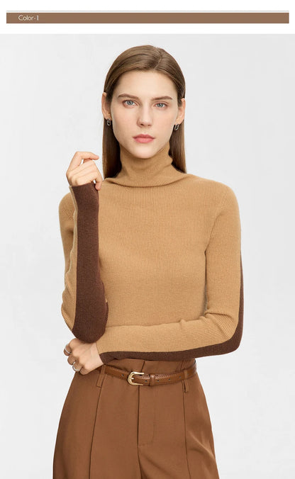 Damen-Rollkragenpullover 100 % Wolle Farbkontrast Slim Fit Frühling
