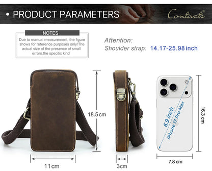 Braune Lederhandytasche mit Metallhaken, Schulterriemen und Smartphone-Platz