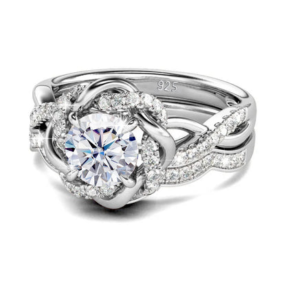 Damen-Ringe-Set aus 925 Sterling Silber mit Moissanit Steinchen und Blüten-Design für Verlobung und Hochzeit