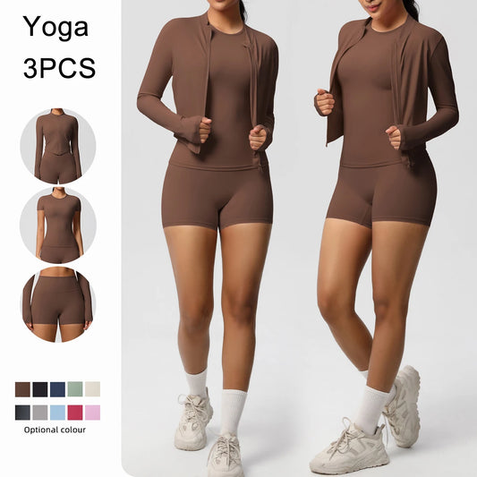 Damen-Yoga-Set: braune langarmige Jacke, Sporttop und Shorts