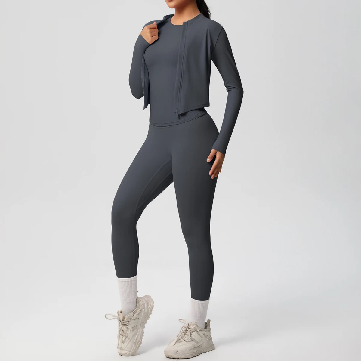 Damen Yoga-Set aus langarmem Top mit Reißverschluss und High-Waist Leggings, graphitgrau
