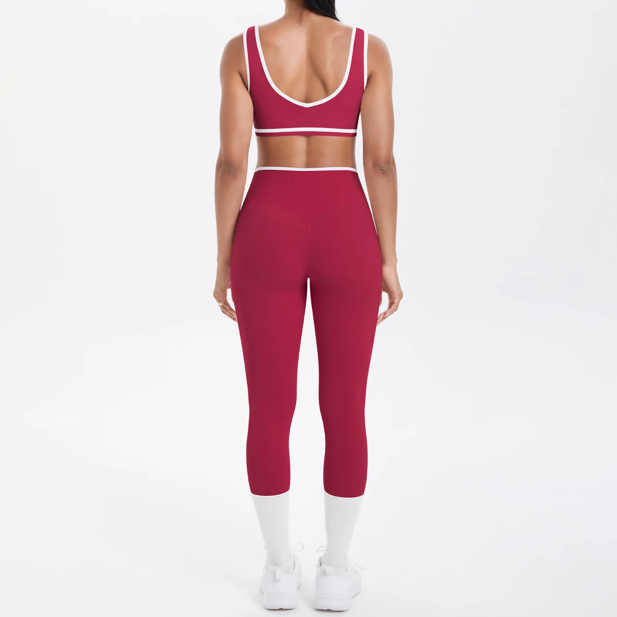 Dunkelrotes Damen-Yoga-Set mit Push-up-BH und 3/4-Leggings, hinten zentriert