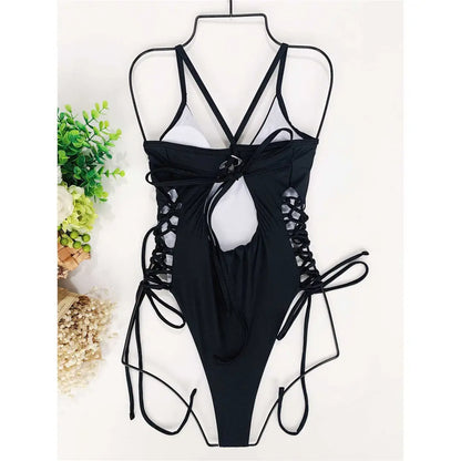 Damen Badeanzug Schnürung Bügel rückenfrei Monokini hoher Beinausschnitt B