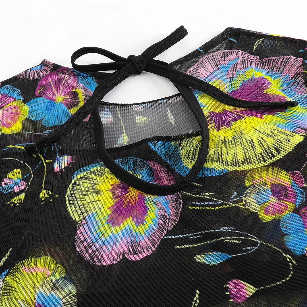 Damen-Badeanzug Blumen Langarm Sarong einteilig gepolstert