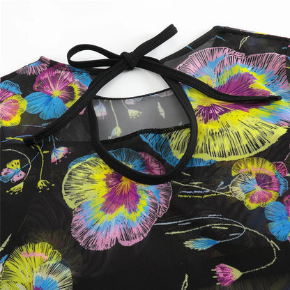 Damen-Badeanzug Blumen Langarm Sarong einteilig gepolstert