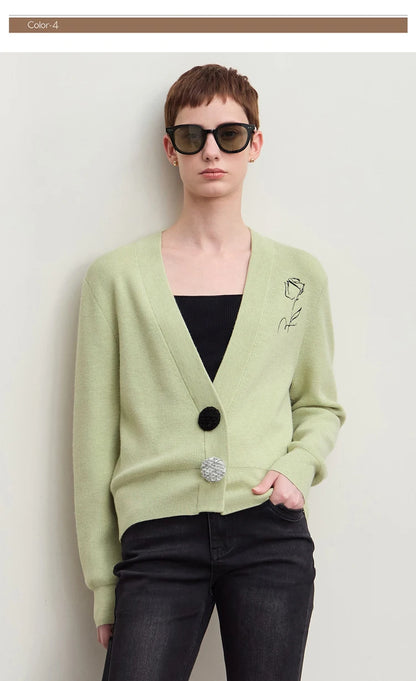 Damen-Strickjacke V-Ausschnitt Stickerei locker Langarm Herbst