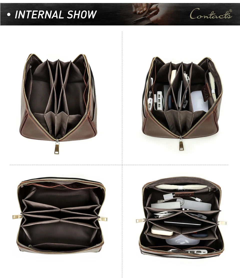 Geöffnete Leder-Reisetasche mit Organizer-Fächern für Karten, Kabel und Zubehör
