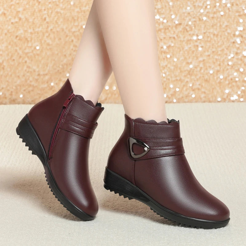 Damen Schneestiefel aus echtem Leder mit rutschfestem flachem Boden