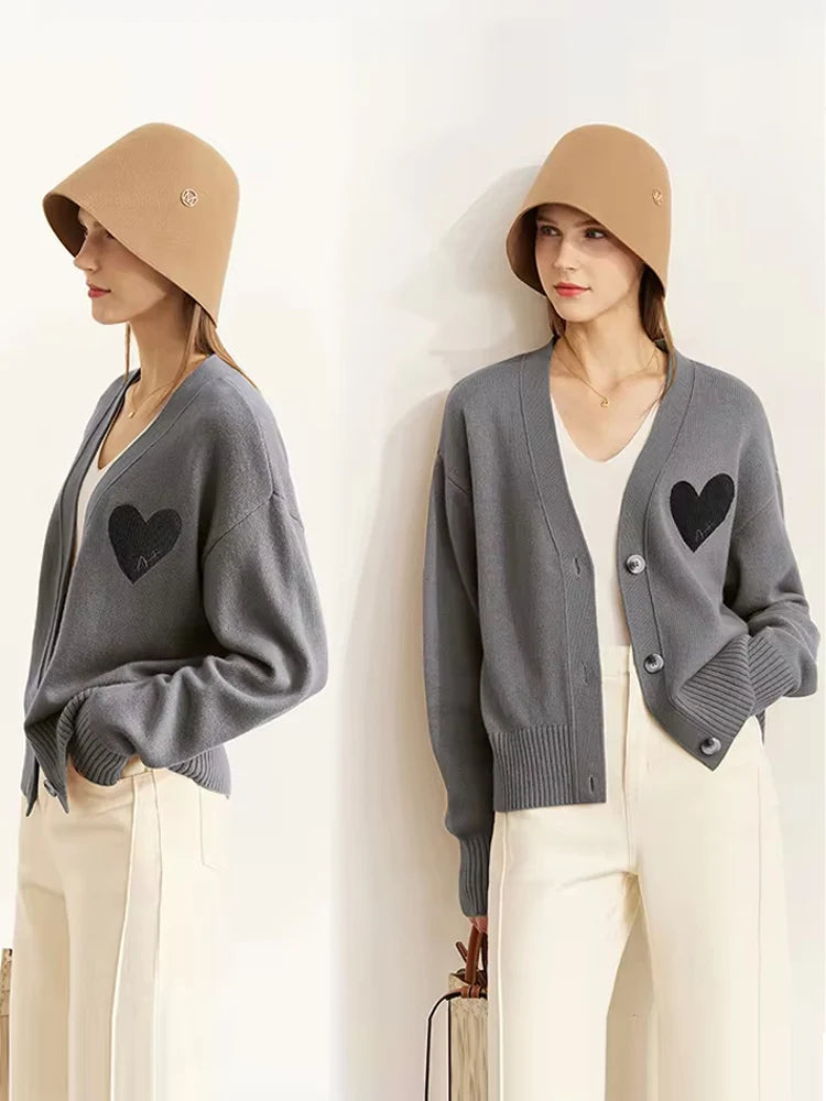Damen-Strickjacke V-Ausschnitt Wollstickerei locker romantisch Winter