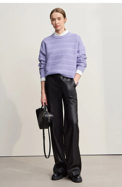 Lässiger Damen-Pullover in Helllila, Strickmuster, Rundhalsausschnitt, lange Ärmel