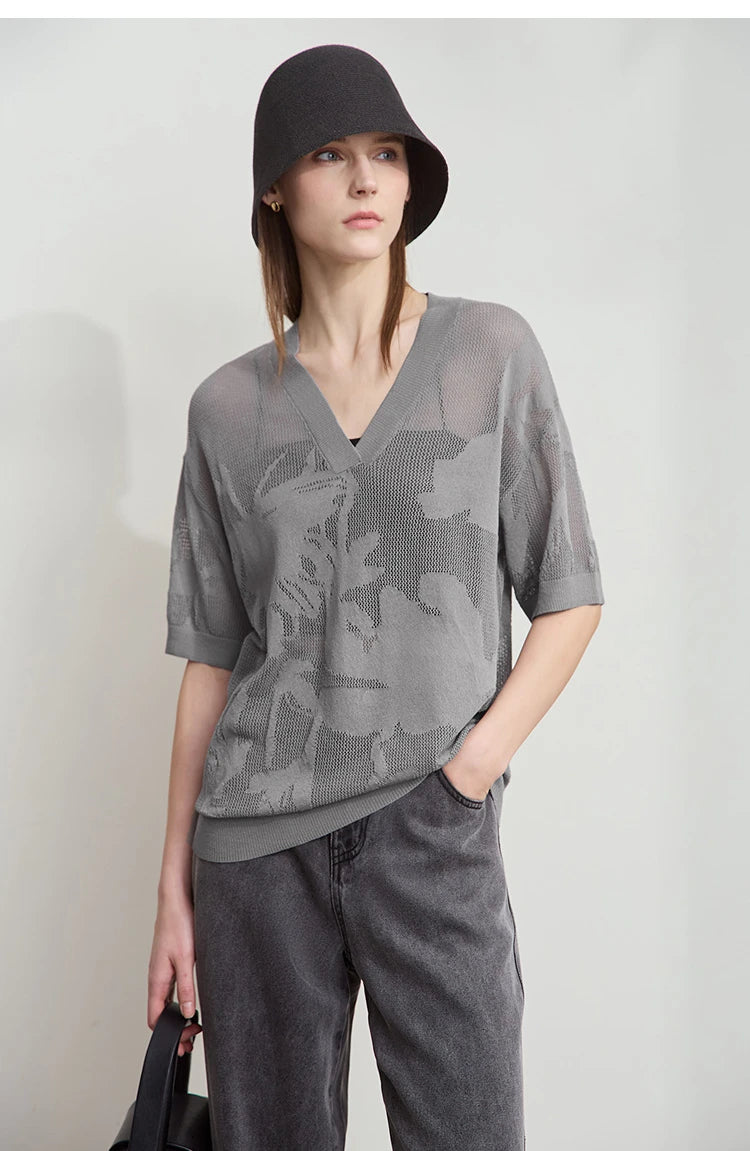 Damenpullover mit V-Ausschnitt, grau, Halbarm, Strick mit floralen Musterflächen