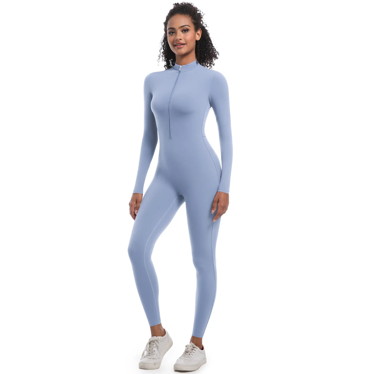 Damen-Sport-Overall, hellblau, langarm, Nahtlos-Slim-Fit, Frontreißverschluss