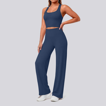 Damen-Yoga-Set in Navy: ärmelloses Crop-Top, hohe Taille und weit geschnittene Hose