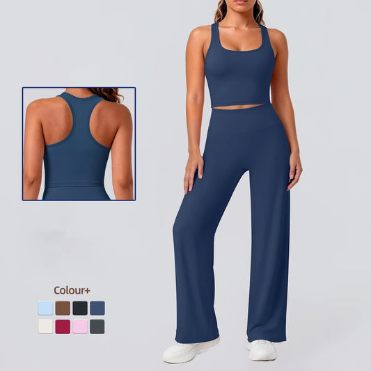 Damen-Yoga-Set in Navy: ärmelloses Top mit schmalem Ausschnitt, weite Hose