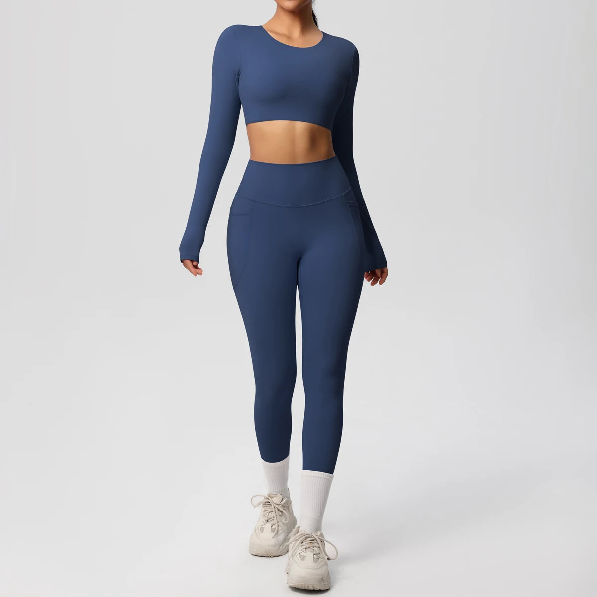 Hamidou Yoga-Set: dunkelblaues Sport-BH-Top mit Leggings, lange Ärmel, weißer Beinabschluss