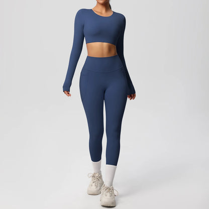 Hamidou Yoga-Set: dunkelblaues Sport-BH-Top mit Leggings, lange Ärmel, weißer Beinabschluss