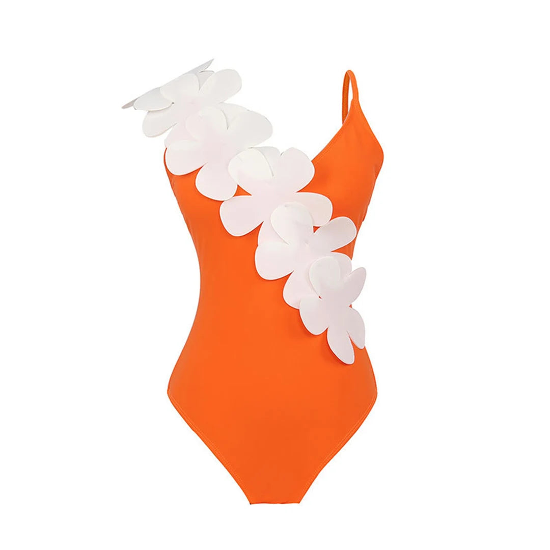 Damen Badeanzug Sarong 3D-Blumen tiefer V-Ausschnitt hoher Beinausschnitt