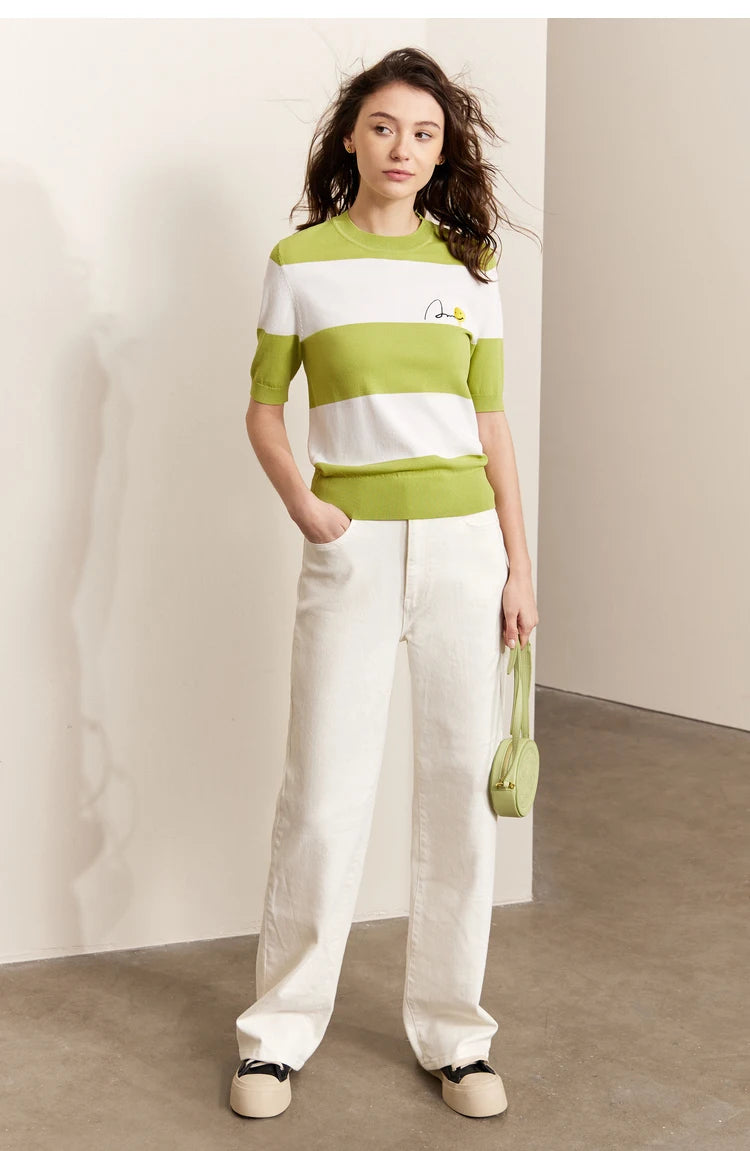 Damen Sommer-T-Shirt im Minimalismus-Stil mit gestreiftem Lächeln-Gesicht