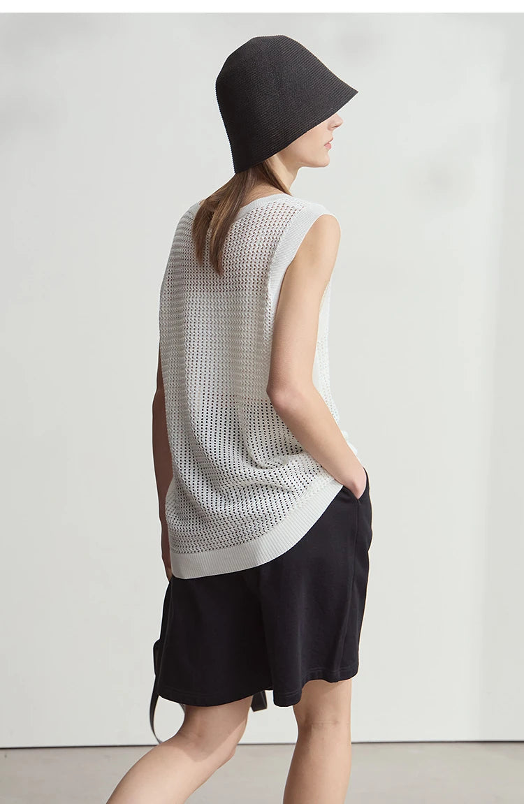 Damen V-Ausschnitt Pullover Viskose ärmellos Lochmuster Sommer