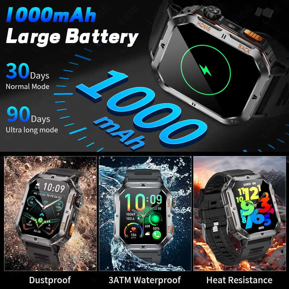 LIGE 2025 Neue Männer Smart Uhr 1000 mAh Batterie Outdoor Taschenlampe Fitness 100 + Sport 3ATM Wasserdicht BT Anruf 2,01 "Smartwatch