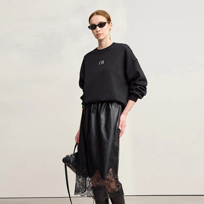 Damen-Rundhals-Sweatshirt Stickerei Kunstfell warm locker Winter