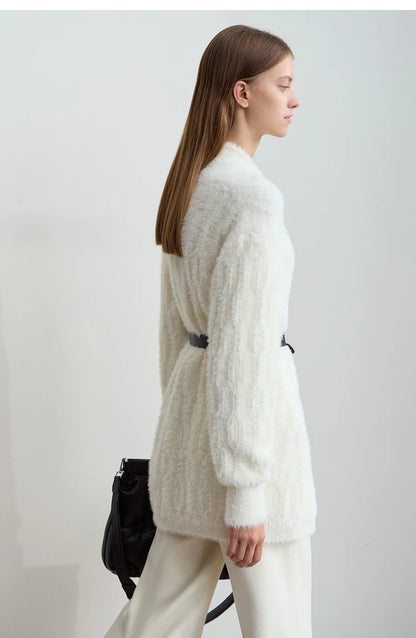 Damen-Strickjacke lang Nerz-Imitat Pile-Kragen locker warm Winter
