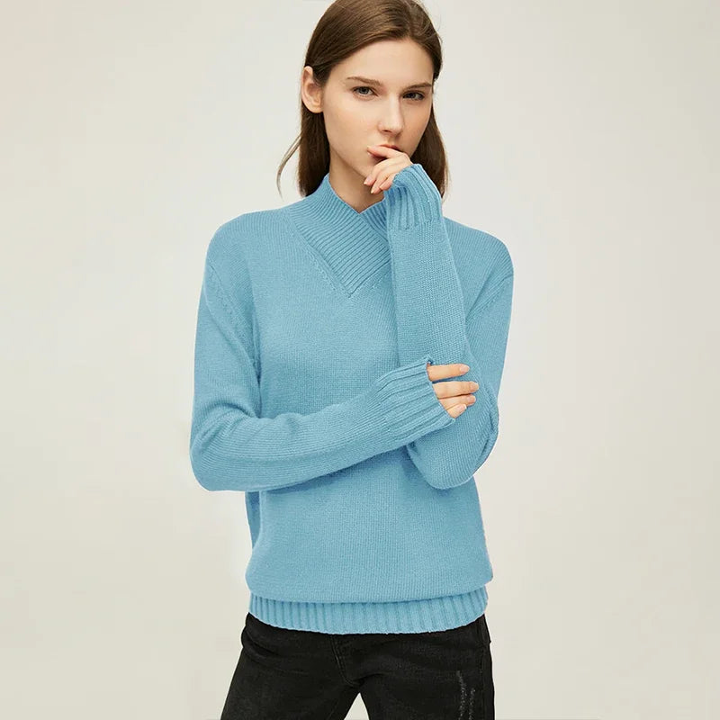 Damen-Strickpullover mit Stehkragen, Himmelblau, gerippter Ärmelabschluss
