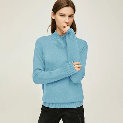 Damen-Strickpullover mit Stehkragen, Himmelblau, gerippter Ärmelabschluss