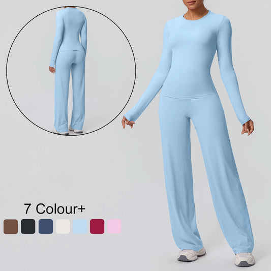 Damen-Yoga-Set aus Langarm-Top und weiten Leggings, hellblau