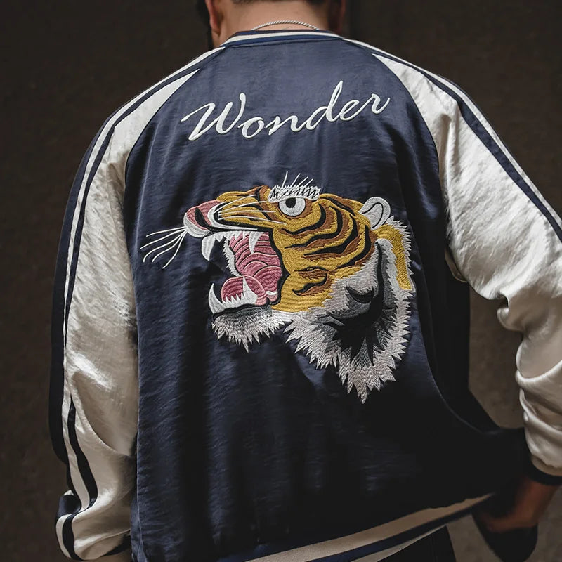 Herren Yokosuka Jacke Retro Reversible Tiger bestickte Patchwork-Outwear