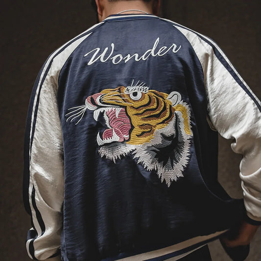 Herren Yokosuka Jacke Retro Reversible Tiger bestickte Patchwork-Outwear
