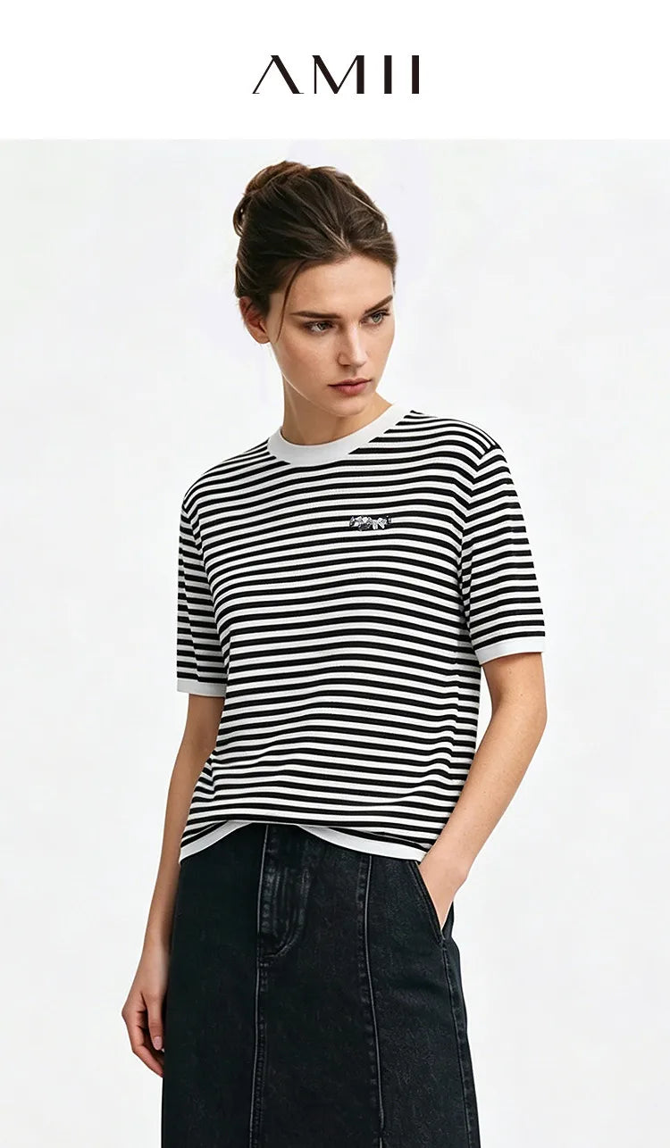 Damen-Rundhalspullover Colorblock Streifen Kurzarm locker Viskose Sommer