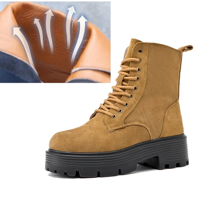 Senfgelber Winter-Kurzstiefel mit Schnürsenkeln, dicke Profilsohle und Seitennaht
