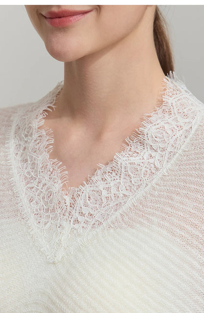 Damen V-Ausschnitt Pullover Mohair Spitze locker mittellang Frühling