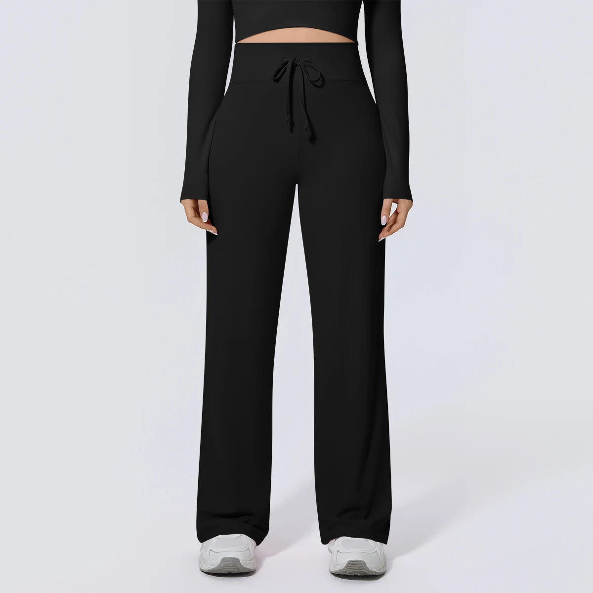 Schwarze Yoga-Sommerhose mit Kordelzug am Bund und weitem Bein