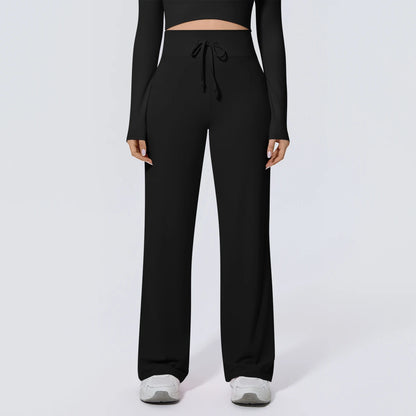 Schwarze Yoga-Sommerhose mit Kordelzug am Bund und weitem Bein