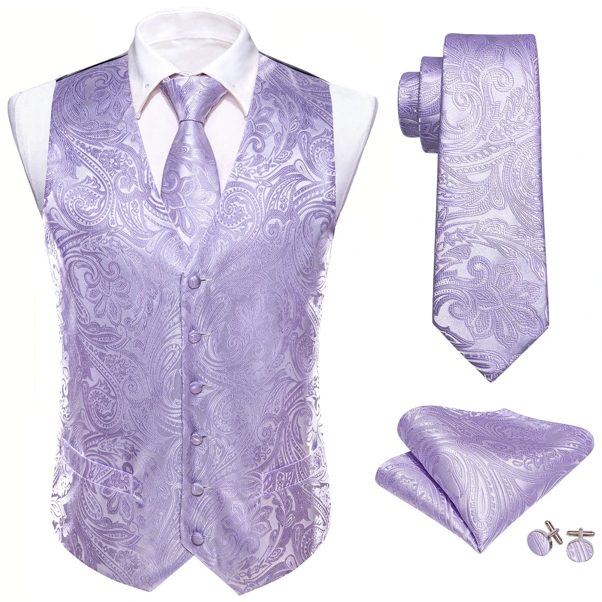 Elegante Jacquard-Herrenweste in Helllila mit Krawatte, Einstecktuch und Manschettenknöpfen.