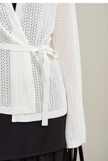 Damen-Strickjacke Lyocell V-Ausschnitt Glockenärmel Gürtel locker Frühling