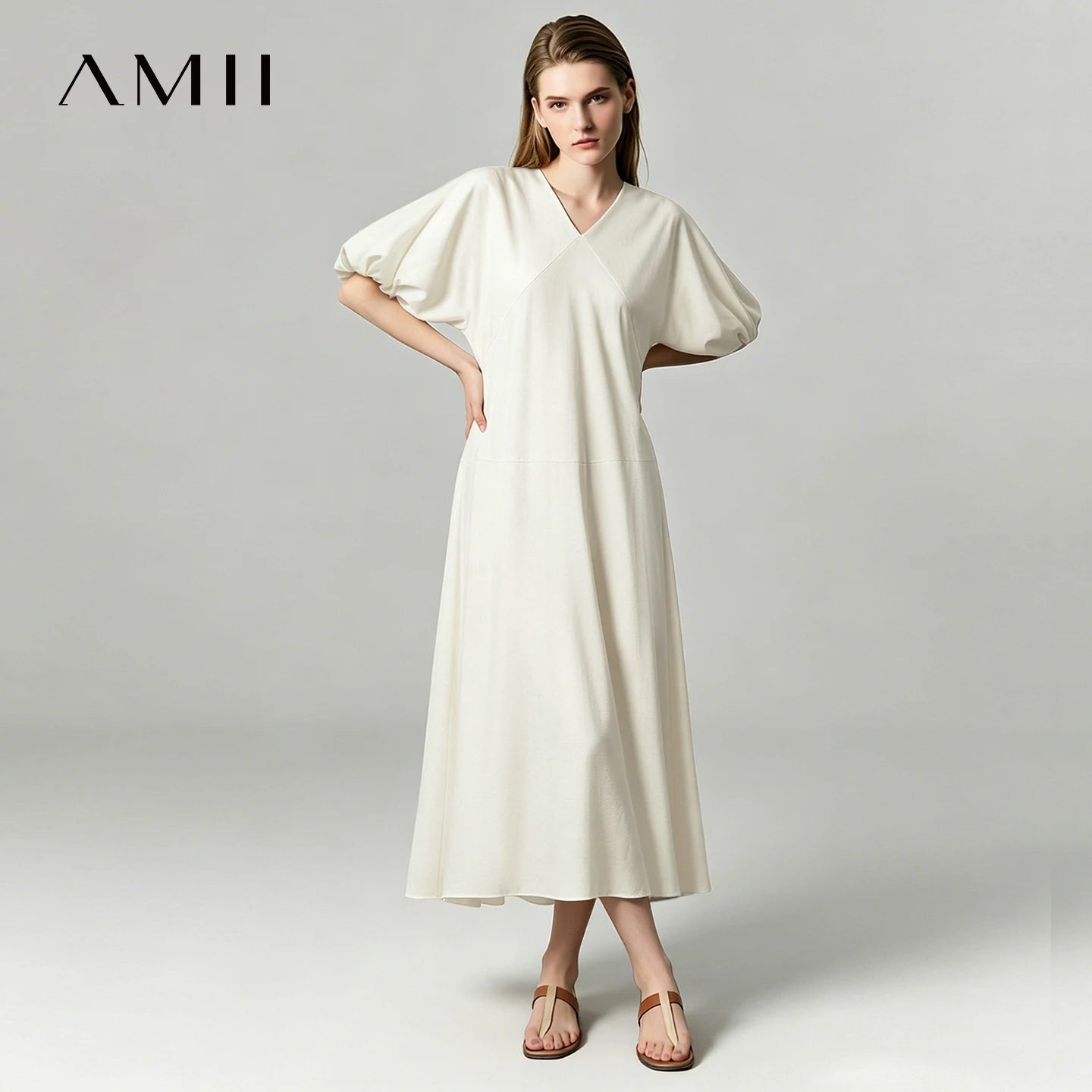Elegantes Damenmaxikleid Mit V-Ausschnitt Puffärmel Urlaub