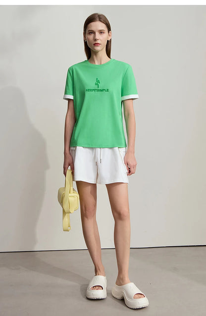 Damen Freizeit-T-Shirt mit Rundhalsausschnitt und Farbblockierung für den Sommer