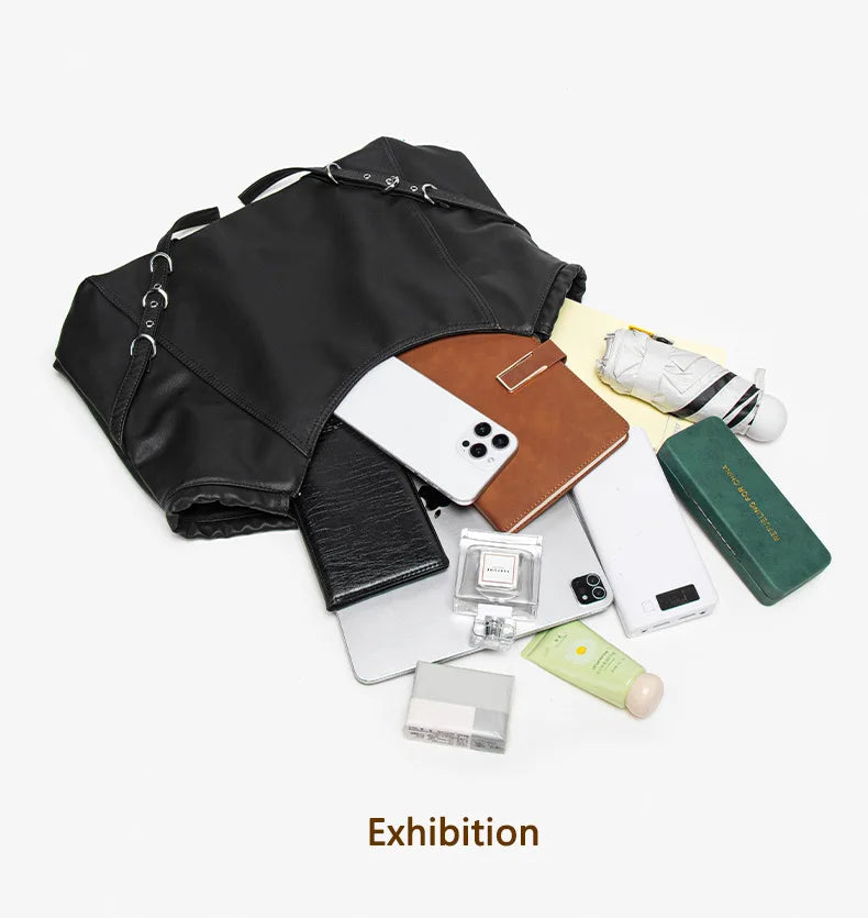 Damen-Schultertasche aus weichem PU mit verstellbaren Schnallenriemen und großem Fassungsvermögen dunkelgrau