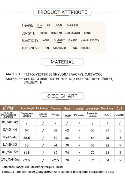 Produkt-Attributseite mit Material- und Größentabelle für Pullover