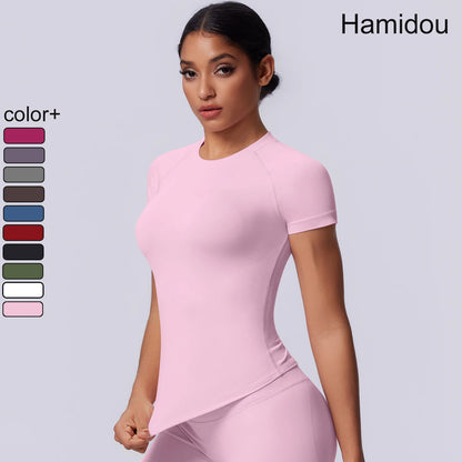 Nahtloses Funktionsshirt für Damen in hellem Pink, Kurzarm, figurbetont