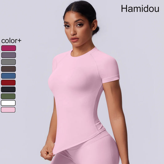 Nahtloses Funktionsshirt für Damen in hellem Pink, Kurzarm, figurbetont