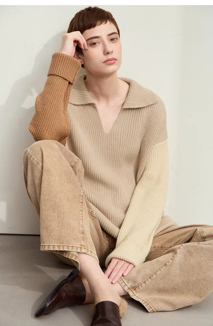 Damen V-Ausschnitt Pullover Patchwork Raglan locker Herbst-Winter