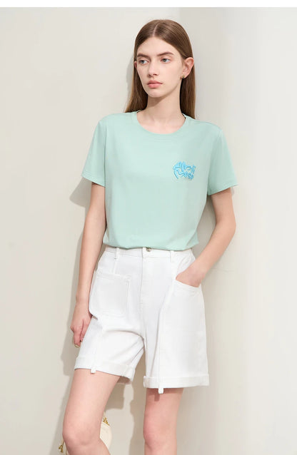 Damen T-Shirt im Minimalismus-Stil mit O-Ausschnitt und Stickerei