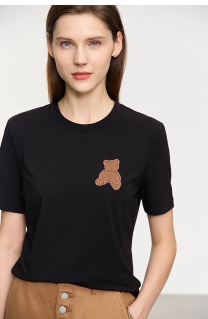 Damen Top im minimalistischen Stil mit Bären-Applikation und O-Ausschnitt