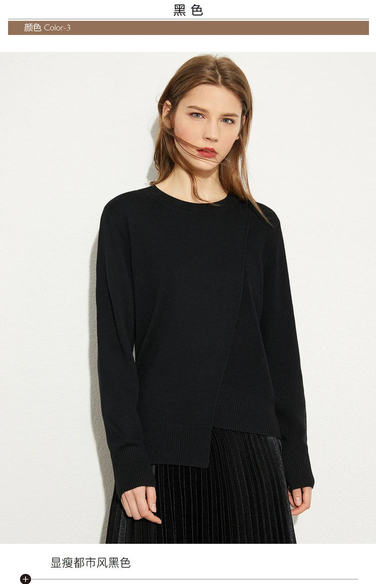 Damenpullover mit Rundhalsausschnitt, langarm, schwarzer Strick